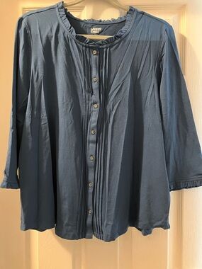 Lands' End Navy Blue Pintuck Button-Front Blouse with Ruffle Trim